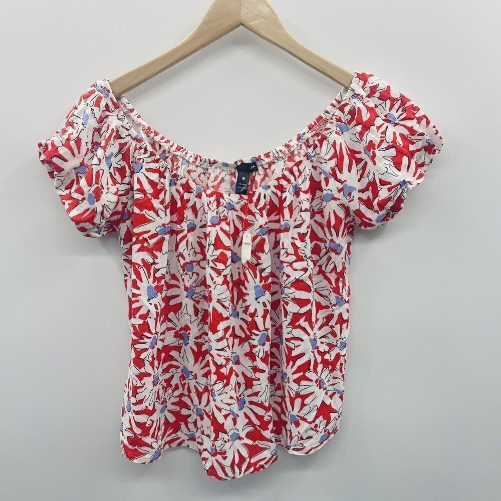 Aqua Womens Size Medium Floral Print Off the Shoulder Blouse in Red White 2101 - Picture 2 of 6